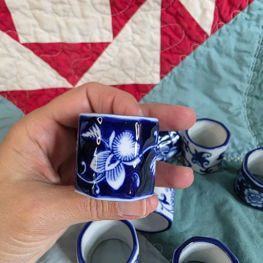 Blue and White Porcelain Floral Napkin Rings Set of 8 Chinoiserie Style